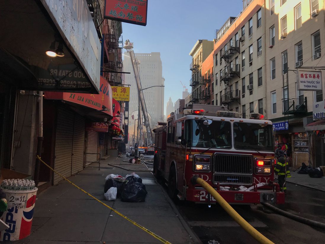 The scene of a fire in Chinatown at the building housing archives for the Museum of Chinese in America.